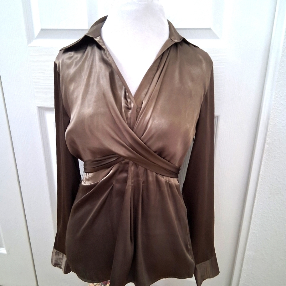 New York & Company Olive Green Satin Blouse    Size 6